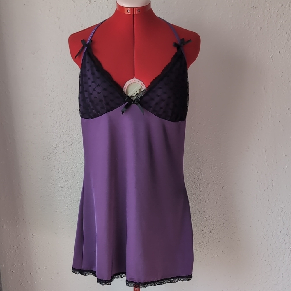 Velvet Kitten Purple and Black Lace Chemise with Halter Strap Ties